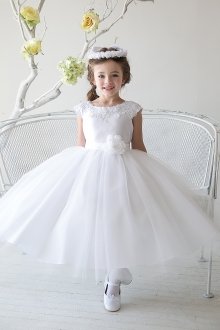 White Satin Embroidered Lace and Tulle Skirt Flower Girl Dress
